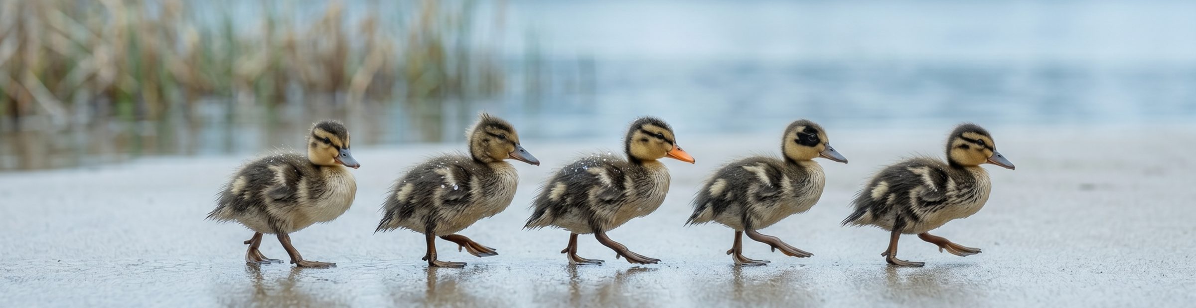 A duck leading a line of ducklings across calm water — placeholder hero art.